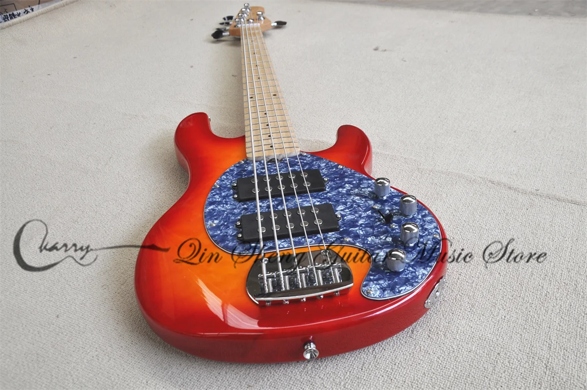 

5 Strings Sunburst Bass Guitar Ray 5 Bass Maple Fingerboard BassWood Body Active Battery Fixed Bridge Blue Pearl Guard