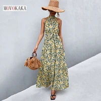 movokaka summer holiday floral print long dress women beach sexy neck mounted folds o neck vestidos party casual dresses elegant
