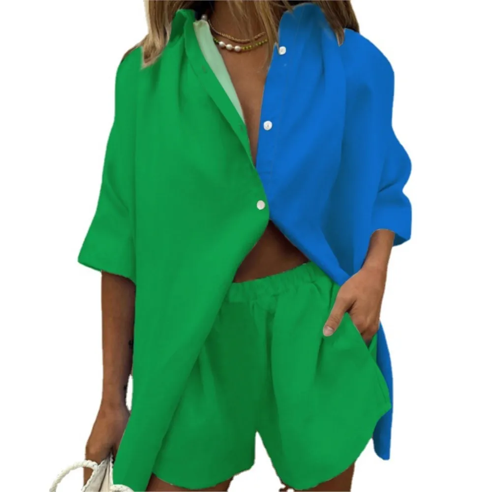 Однобортный топ с длинными рукавами + шорты широкими штанинами трендовые женские