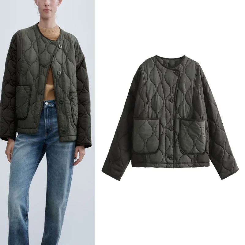 

Женская Стеганая куртка с круглым вырезом и длинными рукавами