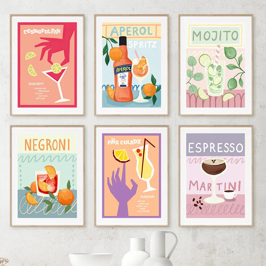 Модная Ретро Коктейльная Настенная Роспись Aperol Espresso Negroni Холст Картина Пина