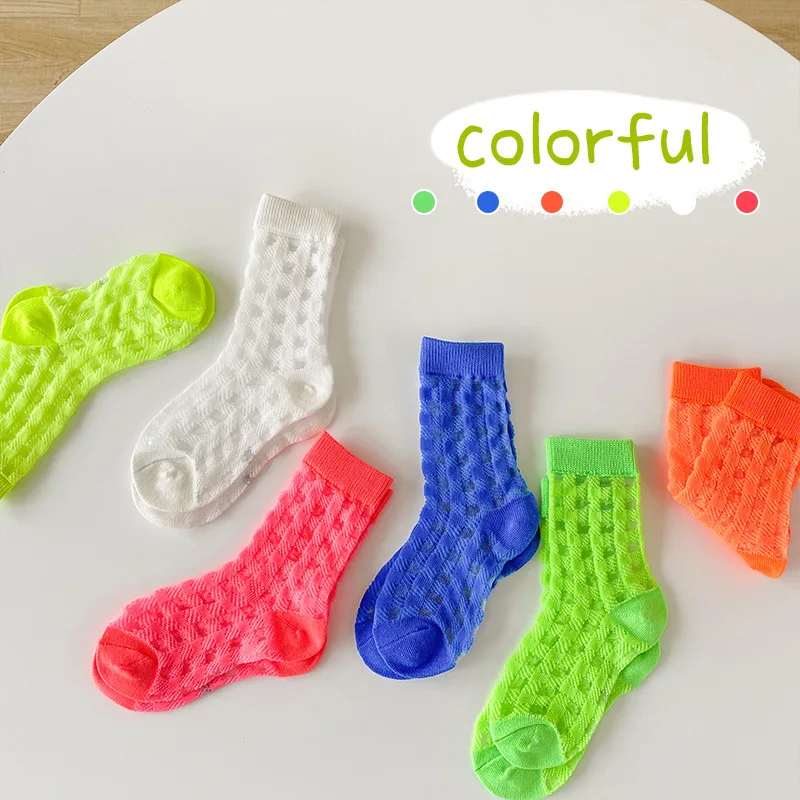 Children's Socks 3Pairs/Lot Autumn Toddler Thin Solid Color Plaid Silk Socks Cotton Breathable Mesh Socks for Boys Girls Kids