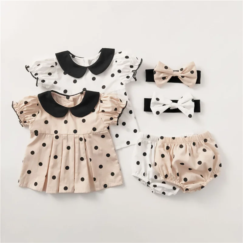 Фото Летняя одежда для малышей платье в горошек с коротким рукавом блузка повязка на