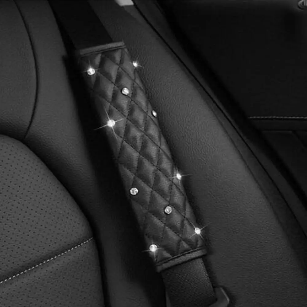 

2 Pieces Car Seat Belt Cover Leather Seat Belt Shoulder Pad Crystal Rhinestones Diamond Shoulder Cover