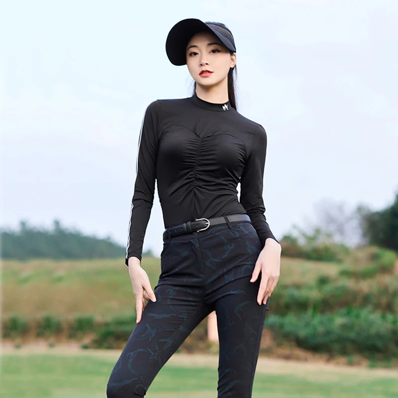 

MY Golf Suit Women Golf Shirt Black Slim Long-sleeve Tops Sunscreen Round High Neck Smocked Design T-shirt Golf Ladies Pants
