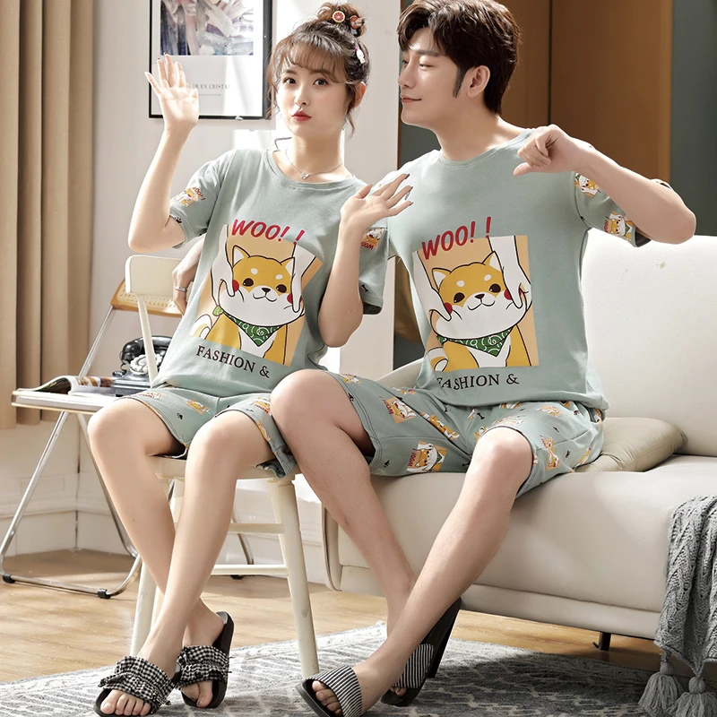 Couple Pajamas Sets Cartoon Shiba Inu Women Pijama Cotton Korean Men Sleepwear Short Sleeve Lovers Night-Clothes 2PCS Nightwear