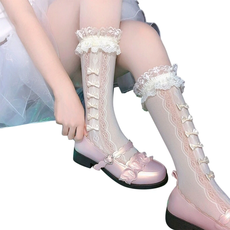

Japanese Gothic Women Crew Socks Sweet Ruffled Trim Satin Bowknot Full Lace Princess Maiden Cosplay Stockings