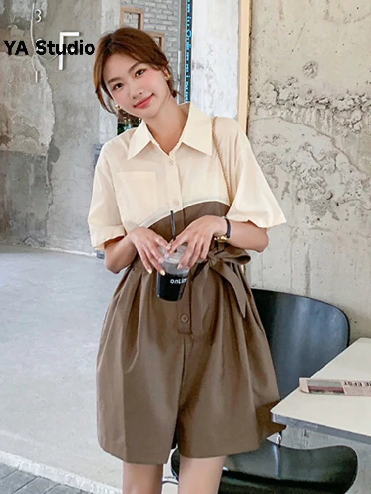 

[YA Studio] Korean Belt Jumpsuit For Women Patchwork Lapel Contrast Color Short Sleeves Single Breasted Fashion Clothes 2023