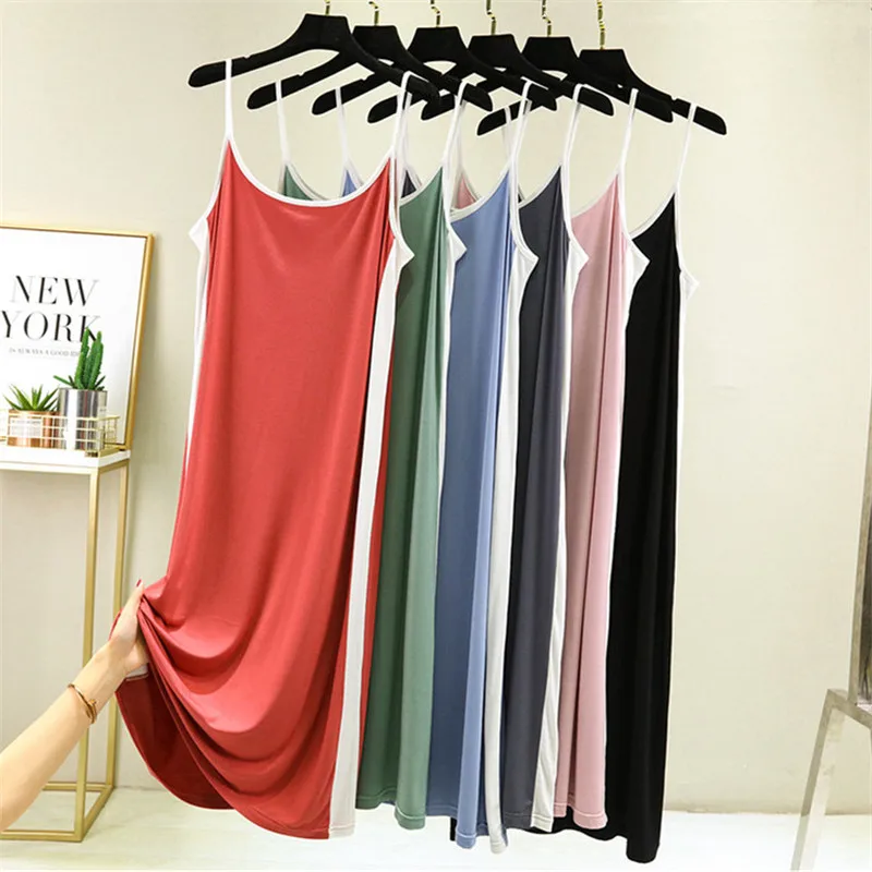 

Fdfklak New Sexy Lingerie Modal Comfortable Home Clothes Stitching Color Long Night Dress Women Suspenders Nightgowns Female