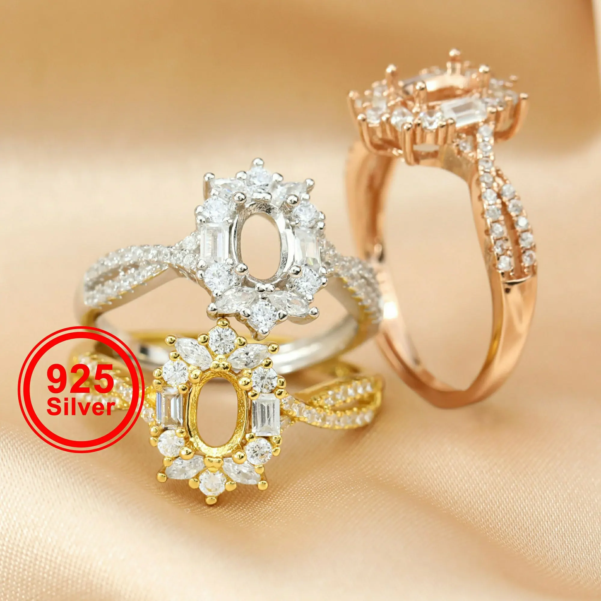 4x6MM anello a punta ovale impostazioni vuote cornice Art Deco anello in argento massiccio placcato in oro rosa 925 placcato in oro rosa 1224108