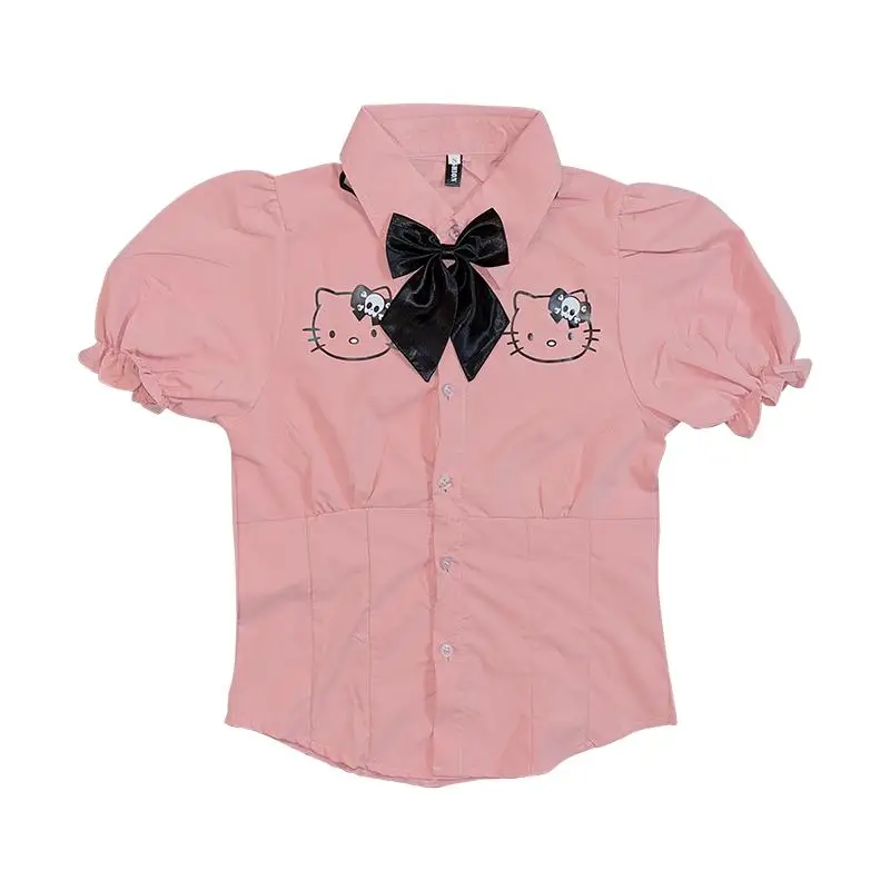 

Sanrios Hellokittys Kuromi Cinnamoroll My Melody Cute Cartoon Bubble Short Sleeve Slim Fitting Shirt with Bow Tie Sexy Hottie
