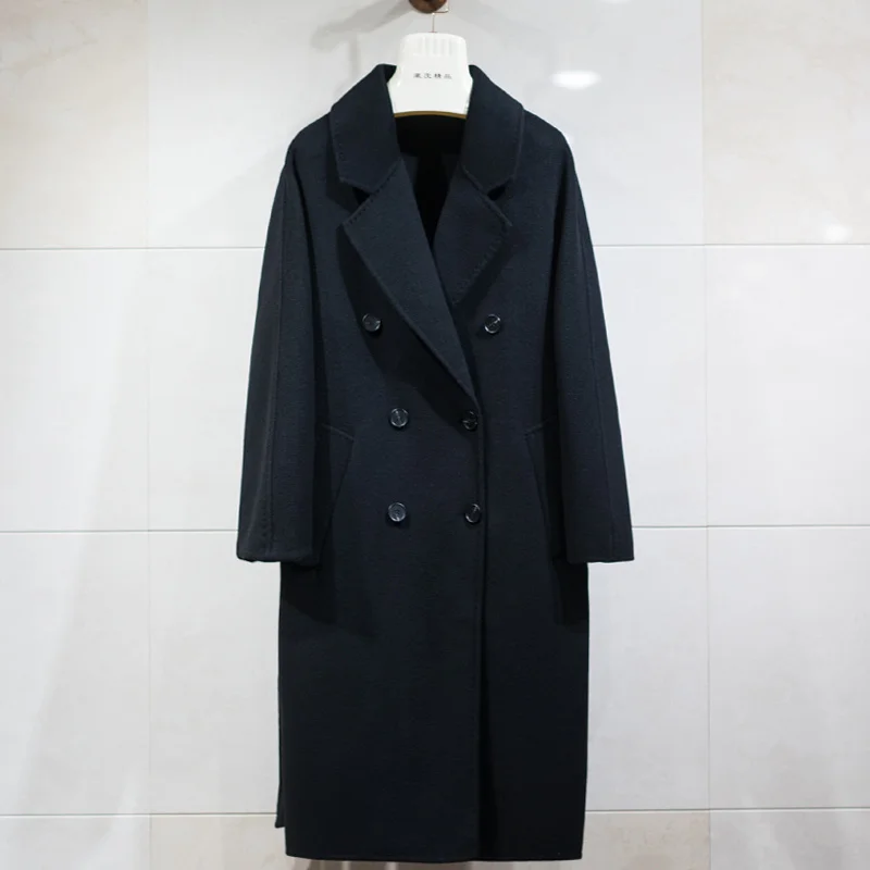 

High-End 100% Wool New Woolen Coat Wool Woolen Reversible Cashmere Coat Women's Double Breasted black wool coat