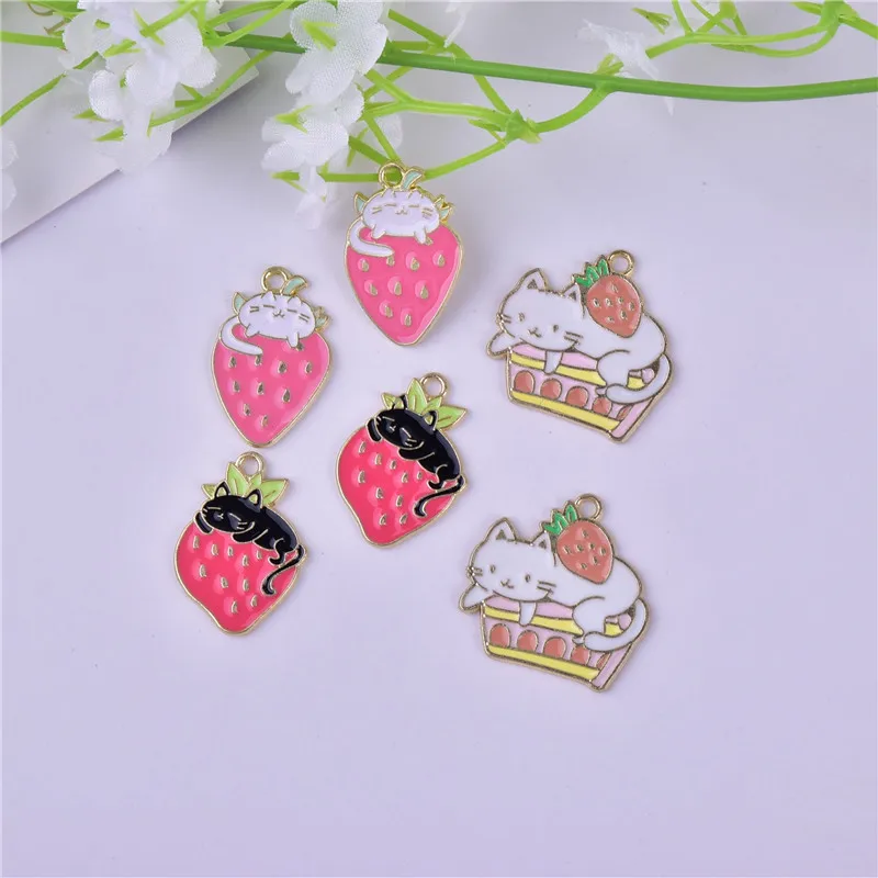 

10pcs Cartoon Cup Cake Cat Strawberry Cat Enamel Metal Charms Earring Bracelet DIY Jewelry Making Bulk Items Wholesale