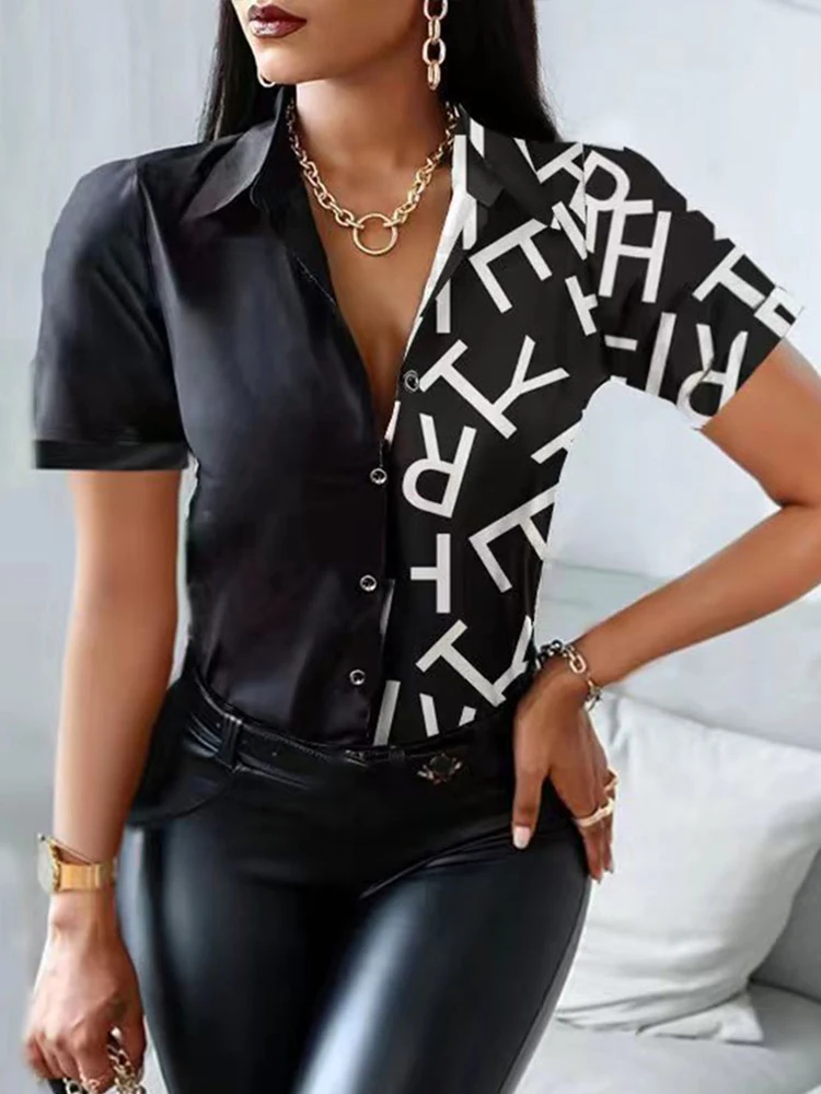 Женские блузки с коротким рукавом повседневные офисные рубашки принтом летняя