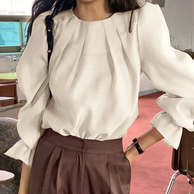 

2022 VONDA Свободная блузка, женские повседневные офисные рубашки с длинным рукавом, весенние плиссированные топы с круглым вырезом, женские бл...