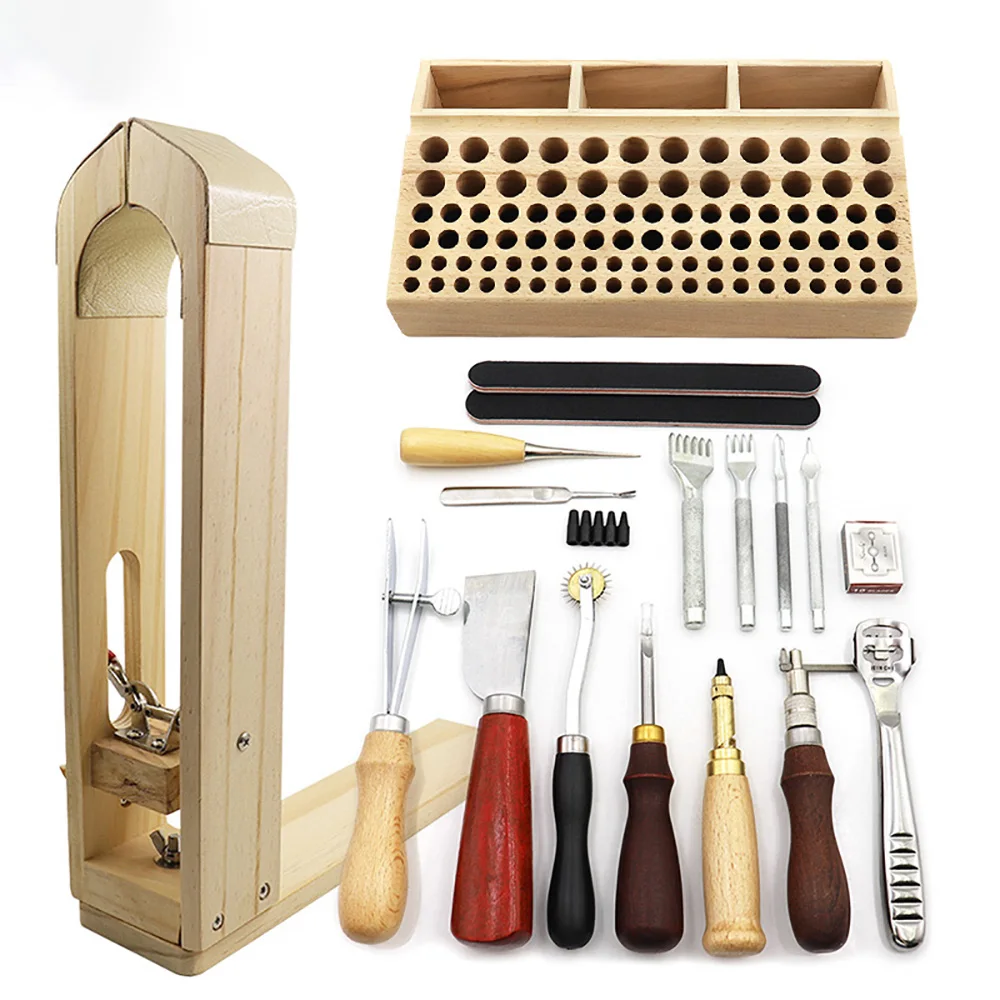 New DIY Leather Craft Tool Set Wood Leathercraft Hand Stitching Clamp Leather Punching Tools Storage Box Carving Saddle Groover