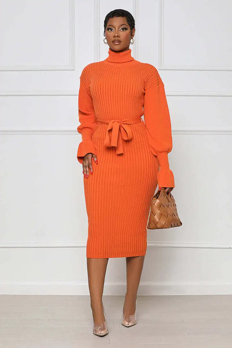 

Autumn and Winter Fashion Sweater Dress Women's Knitted Solid High Neck Long Sleeve Belt Long Elegant Slim Sweater Dress Women