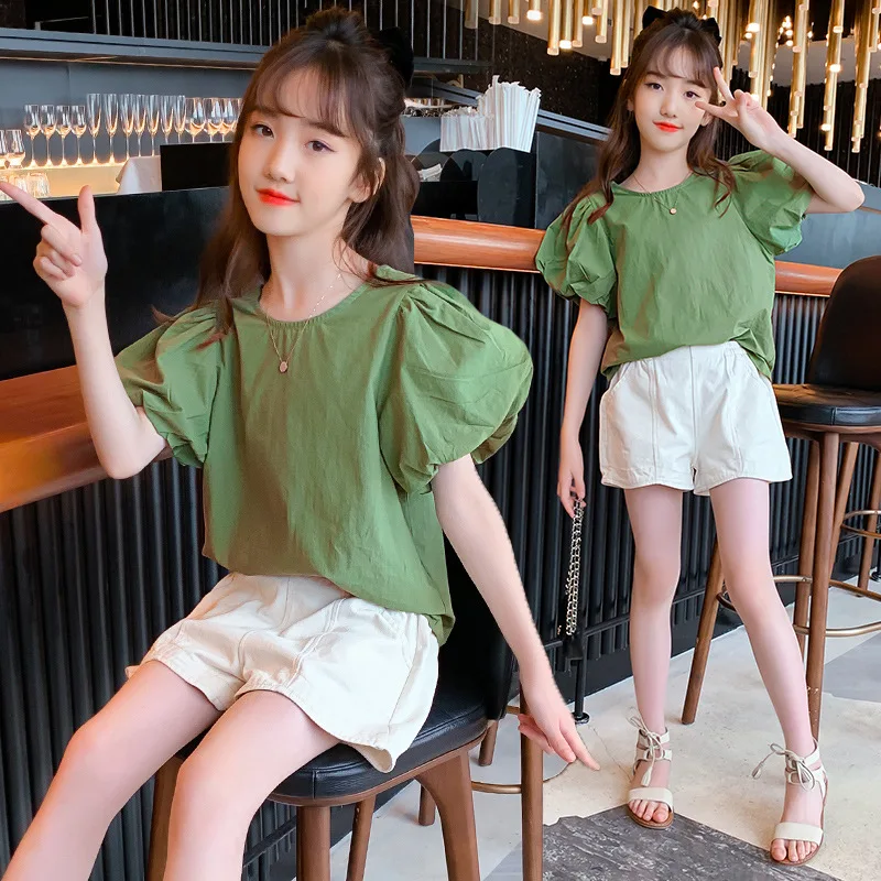 

Kids Clothes Girls Shorts Sets Summer Teenagers Puff Sleeves Tops Shorts Two Piece Girls of 14 Years Outfits Thin Children Suit