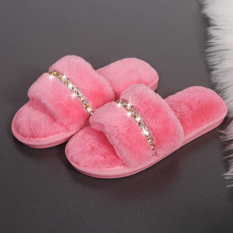 New Women Home Slippers Fashion Shiny Rhinestones Design Open Toe Indoor 2022 Winter Flat Non-slip Leisure Interior Female Shoes