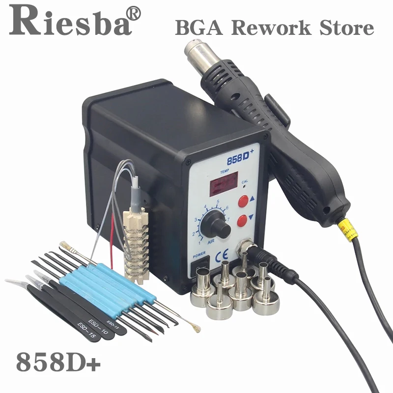 RIESBA 858D+ Hot Air Soldering Station700W LED Digital Solder Heat Gun Rework Station ESD Welding Repair Machine+7 Air nozzles