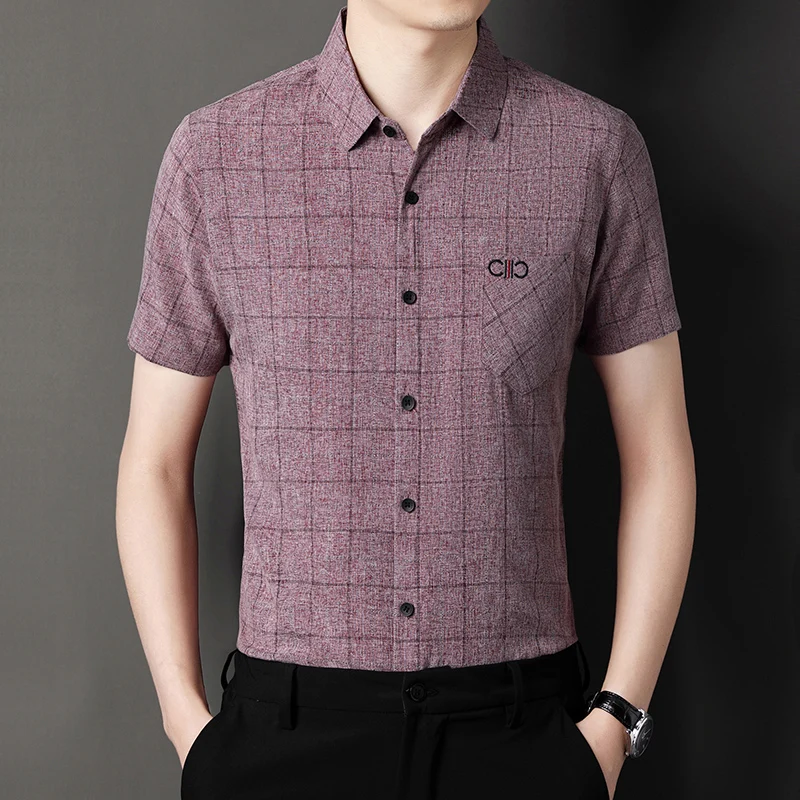 

Embroidered Plaid Business Casual Short Sleeved Dress Shirt Men Summer High Quality Smooth Comfortable Boutique Camisa Masculina