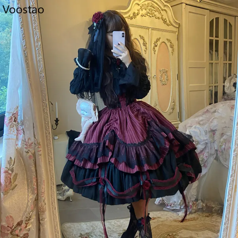Vintage Victorian Gothic Lolita Dress Women Elegant Rose Halloween Shirt Woolen Cloak Dress Female Harajuku Y2k Party Dresses images - 6