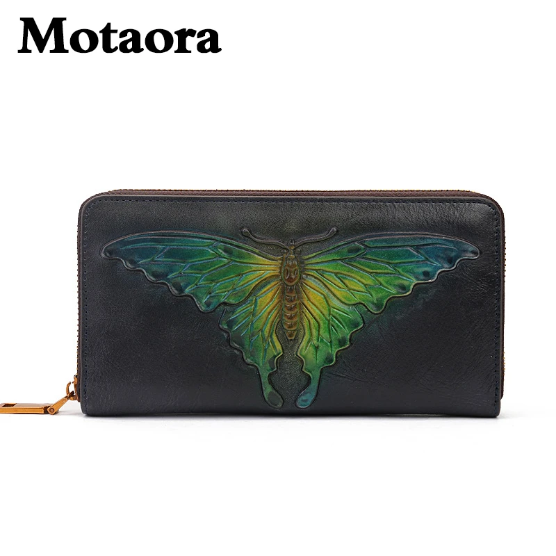 MOTAORA Ladies Retro Butterfly Embossed Wallet Women's Genuine Leather Zipper Pouch Female Cowhide Card Holder Girls Long Purse
