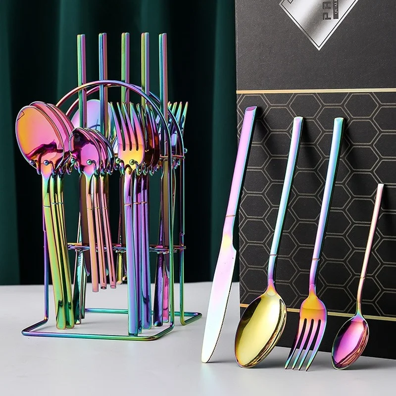 

Gold Table Cutlery Luxury Stainless Steel Knife Fork Spoon Dinnerware 24 Pieces Set Full Tableware Kitchen Device Sets Gift