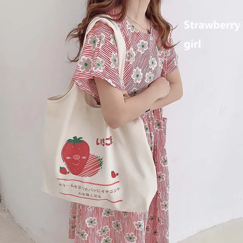 Купи Strawberry Strawberry Original Cute Graffiti Large-capacity Shopping Bag Student Schoolbag Women's Shoulder Canvas Bag за 1,116 рублей в магазине AliExpress
