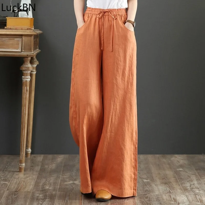 

Summer New Style Women's Literary Cotton Linen Trousers Loose Large Size Wide Leg Pants High Waist Mopping Straight Leg Trousers