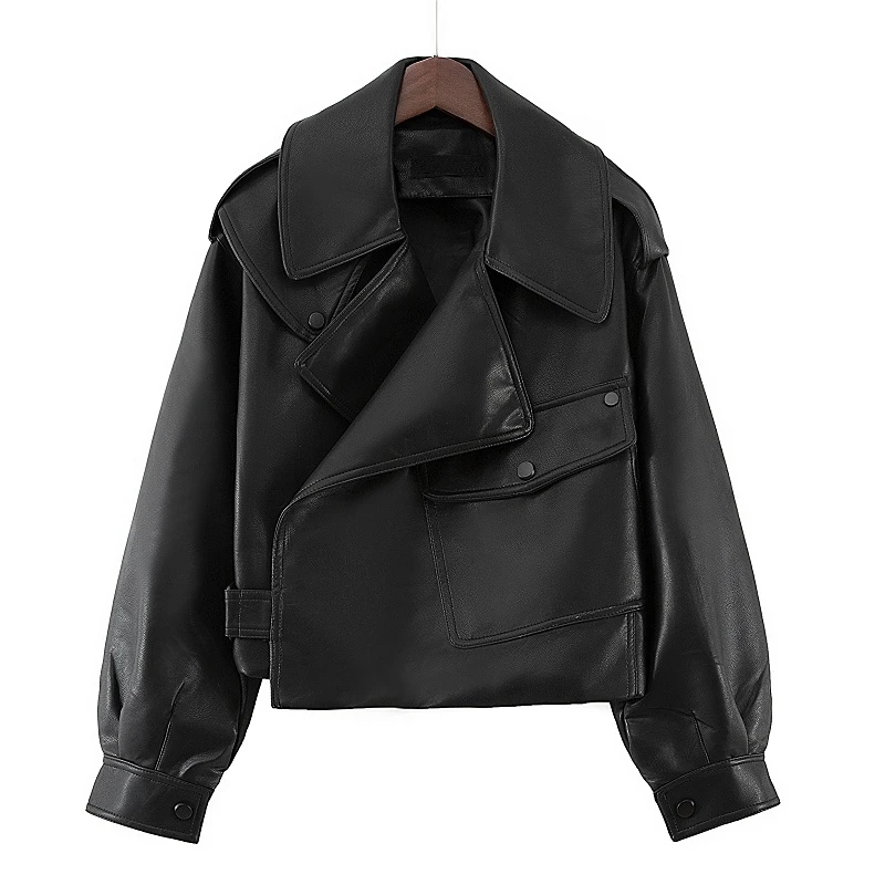 

New Spring Women Faux Leather Jacket Biker Red White Coat Turndown Collar PU Motorcycle Jackets Loose Streetwear Outerwear