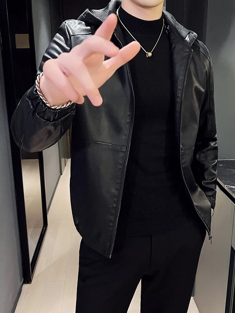 American Autumn New Hood Leather Men's Coat Hooded PU Jacket Casual All-matching Fleece-lined Motorcycle Clothing