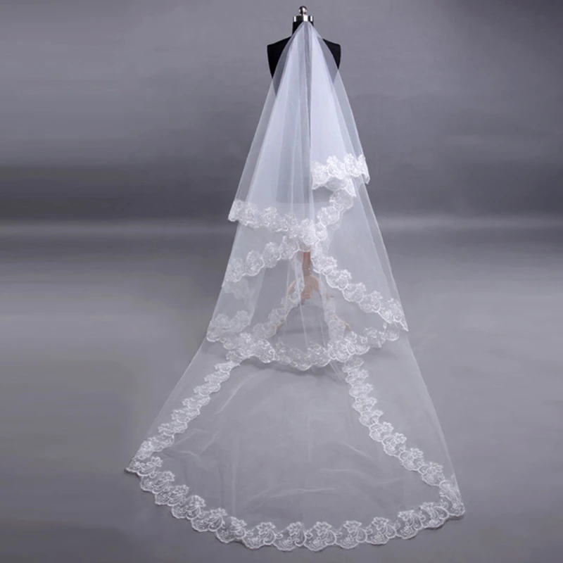 

1.5/2/3/5M 1 Layer Women Bridal White Long Wedding Tulle Veil Wide Embroidered Floral Applique Lace Edge without Comb