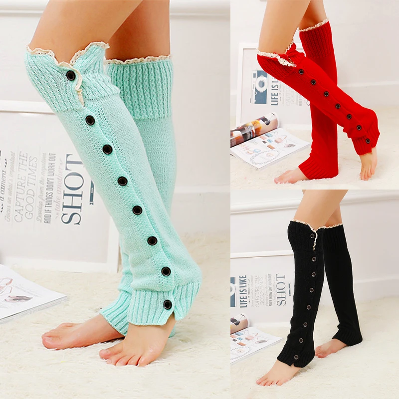 50CM Leg Warmers Women Button Lace Over Knee Boot Cover Long Knitted Foot Cover Ladies Ankle Winter Warm Socks