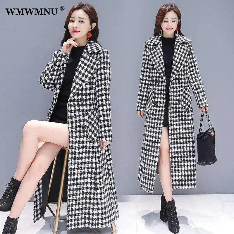 

Elegant Mid-Length Houndstooth Woolen Coat Women Autumn Winter Thick Korean Blends Overcoat Vintage Double Breasted Outerwear