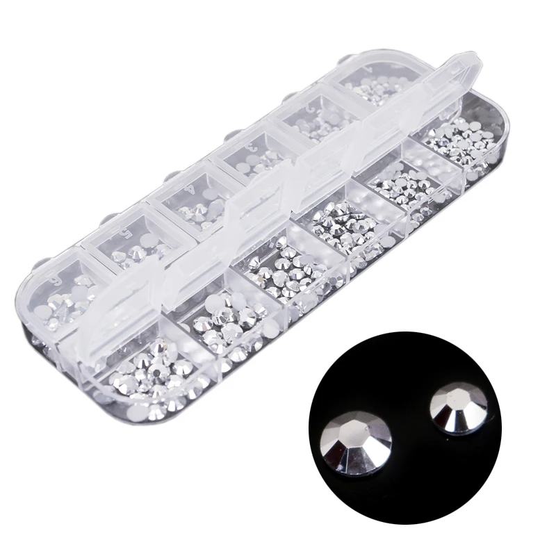 

1 Box Silver Foil Multi Size Nail Rhinestones Flat Black Round Crystal Strass 3D Charm Gems DIY Manicure Nail Art Decorations