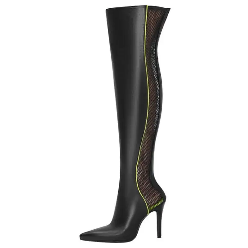

Женские ажурные Сапоги выше колена, черные сетчатые сапоги больших размеров 46, на тонком высоком каблуке и с острым носком, для осени и лета