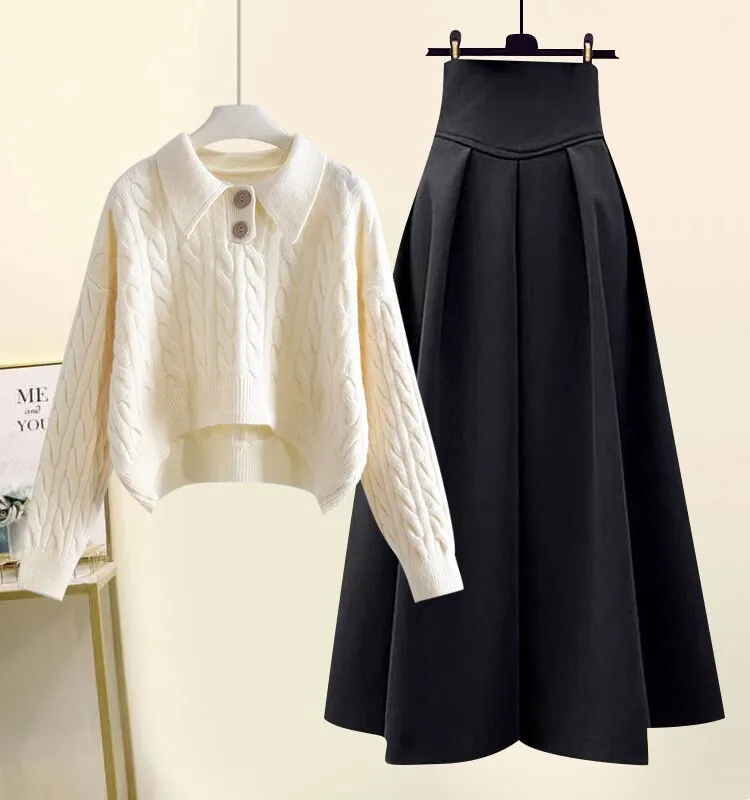 Plus Size Plus size women clothing Autumn and Winter New Sle Fat Sister High-Grade Twist Lapel Knit All-Matching Skirt Two-pi...