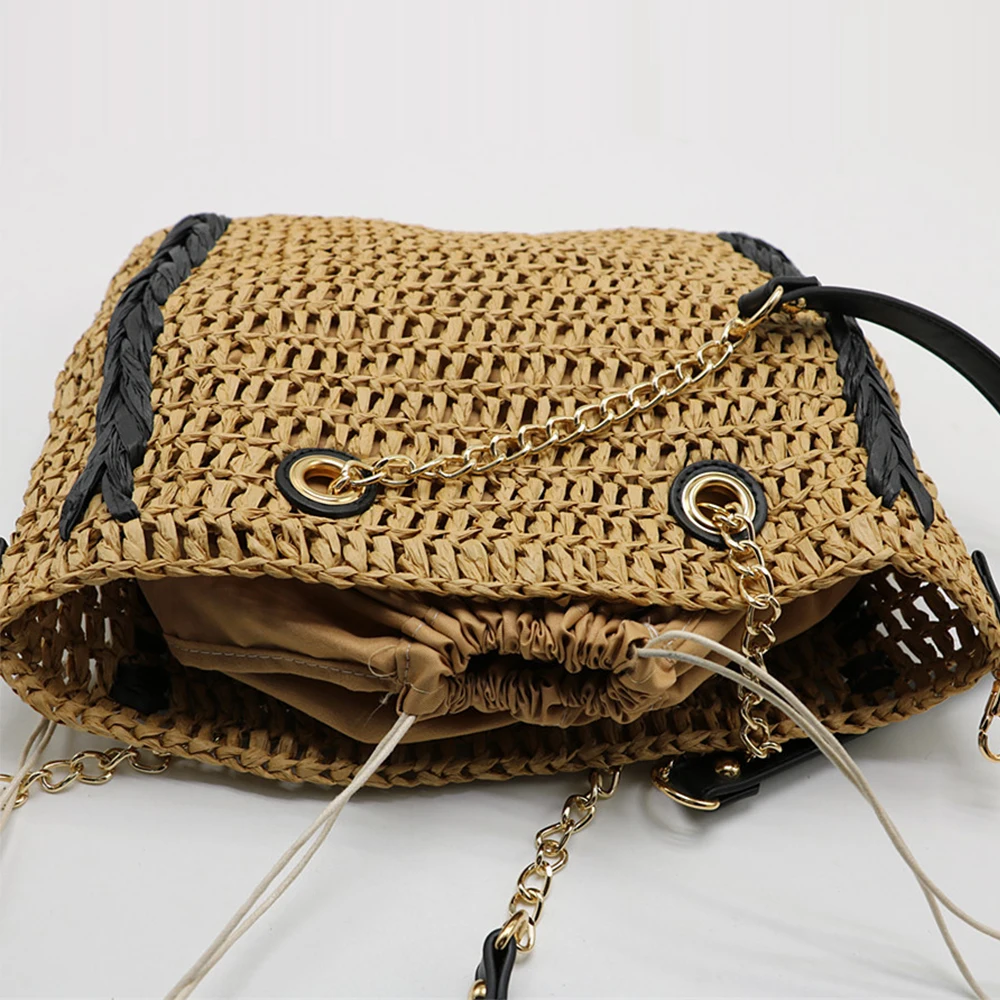 Bohemian Knitting Beach Bags for Women 2022 Hollow Woven Bag Women Straw Bags Designer Chains Rattan Shoulder Bag Bali Tote New