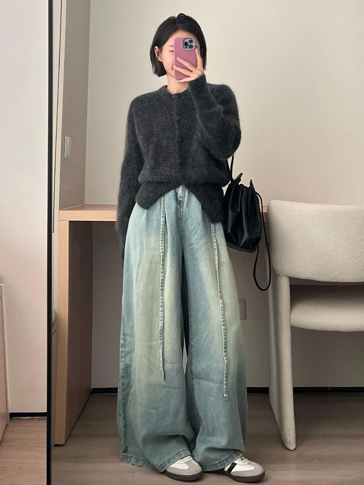 Женский свободный трикотажный свитер с длинным рукавом и круглым вырезом