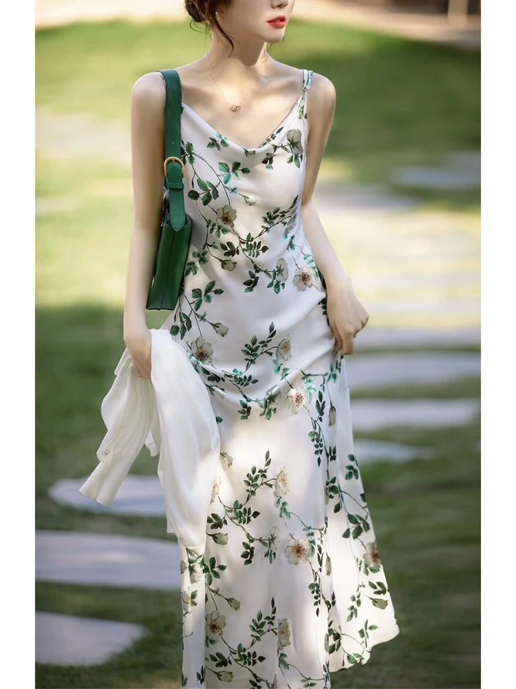 

New In Dresses for Women 2023 Summer Elegant Temperament Vacation Goddess Long Rose Jacquard Strap Appear Thin Dress for Women