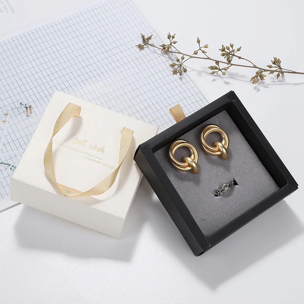 24pcs White Drawer Jewelry Gift  Box with Gold Ribbon Handle and Grey Sponge Wedding Jewellery Container DIY Packaging Organizer