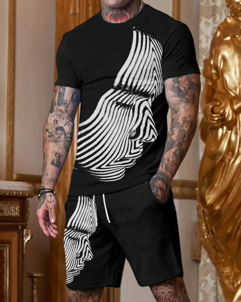 Summer Men's Fashion Tracksuit T-shirt Set Short Sleeve Shorts 2-piece Casual Sportswear Retro 3D Printed Black Streetwear Suit