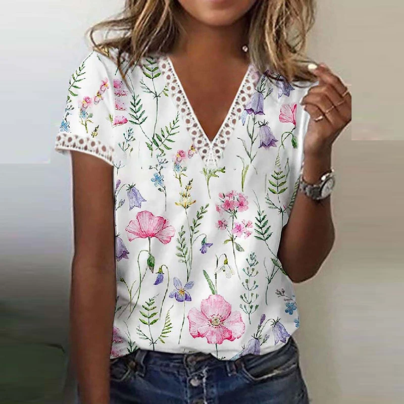 Vintage Women Fashion Floral Print Crochet Lace V-Neck T-Shirt 2022 Summer New Short Sleeve Loose Tops Tee |