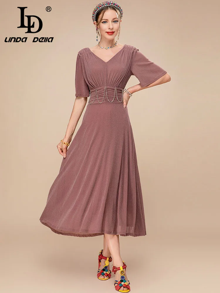 LD LINDA DELLA 2023 New Fashion Runway Designer Summer Dress Women's V-neck High waist Beading Short sleeve Solid Midi Dress