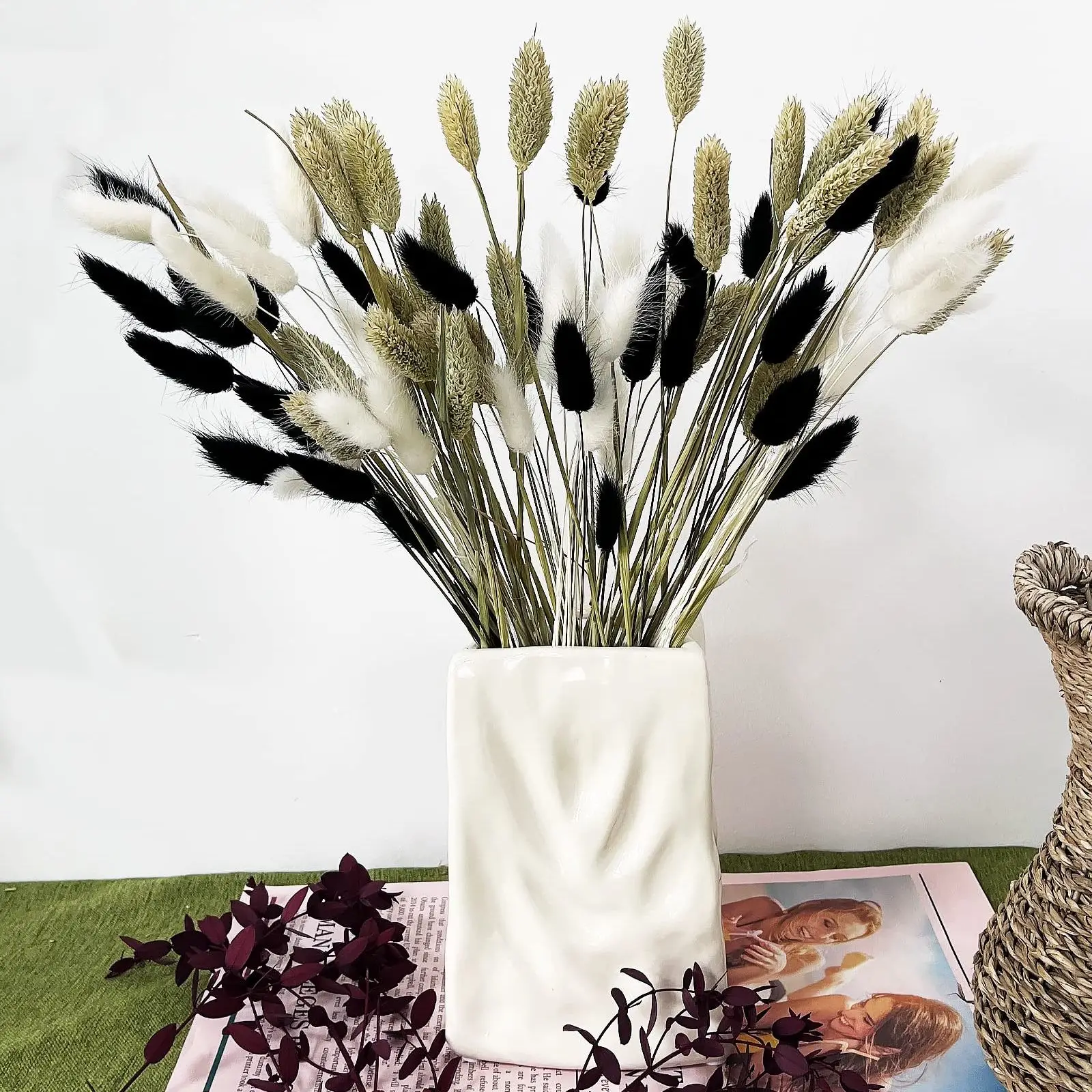 

120 Pcs White Black Dried Bunny Tail Natural Dried Flowers Wedding Bouquet Arrangement Boho Table Home Party Shower Decor