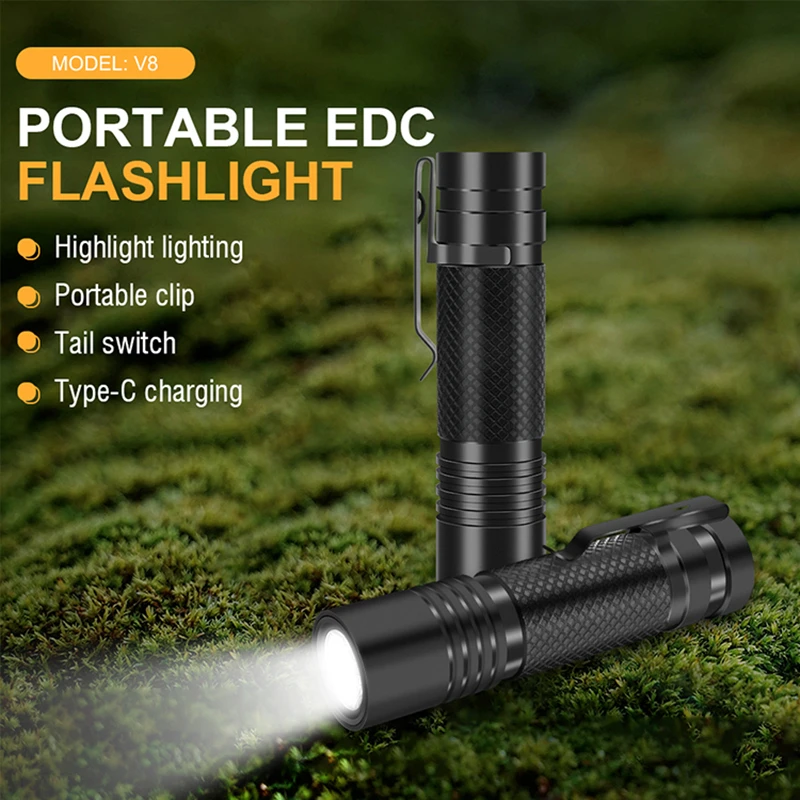 

V8 Ultra Bright XM-L2 LED Flashlight Type-C Rechargeable Built-in 18650 Battery Torch Waterproof 5-Mode Fishing Camping Light