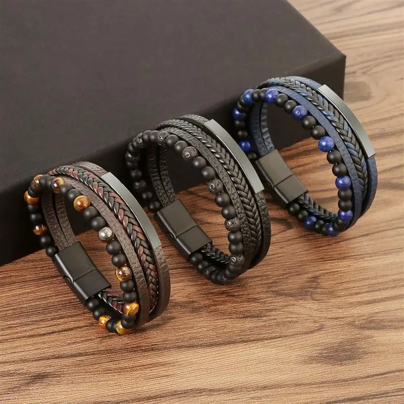 

Hot Sale New High Quality Leather Bracelet Men Classic Fashion Tiger Eye Beaded Multilayer Leather Bracelet For Men Jewelry Gift