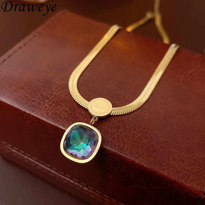 

Draweye Colorful Zirconia Necklaces for Women Korean Fashion Square Geometric Vintage Jewelry Simple New Collares Para Mujer