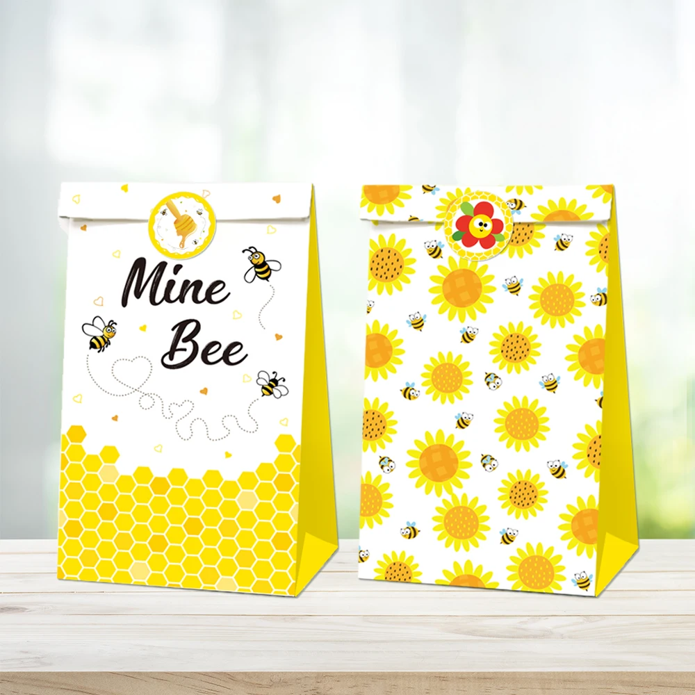 

LB016 12pcs Spring Flowers Baby Shower Sweet Honey Bee Birthday Party Paper Gift Bags with Stickers Food Biscuit Kraft Paper Bag
